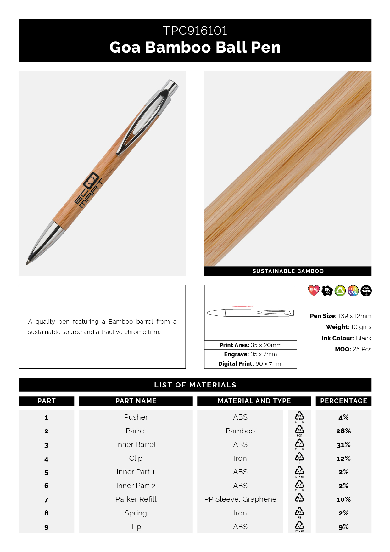 Goa Bamboo Pen  Metal Clip